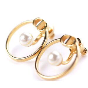 Christian Dior Logo Pearl GP Pierced Earrings  .75"